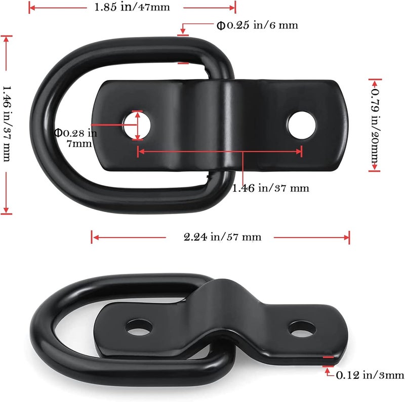 VEEBELL D Ring Tie Down Anchor 1/4" Heavy Duty Trailer Anchor Lashing Rings 2400 lbs Capacity Trailers Trucks Bed Anchors Bracket Hooks Kit for SUV,RV,Camper,Van,Car,Boats, Motorcycles Surface Mount (Black) - Image 3